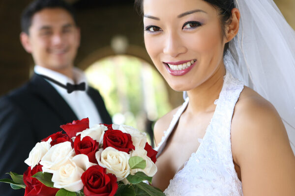 A beautiful bride and handsome groom at church during wedding