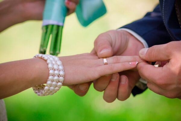 Hands of bride and groom with wedding rings